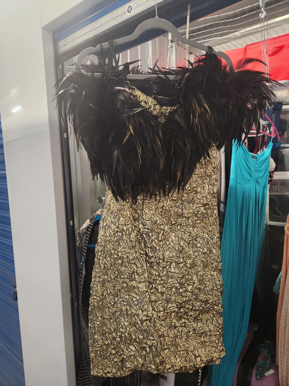 Betsy & Adam Gold Strapless Mini Dress with Black Feather Trim